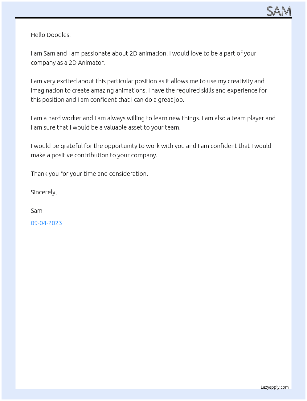 2D Animator At Doodles Cover Letter