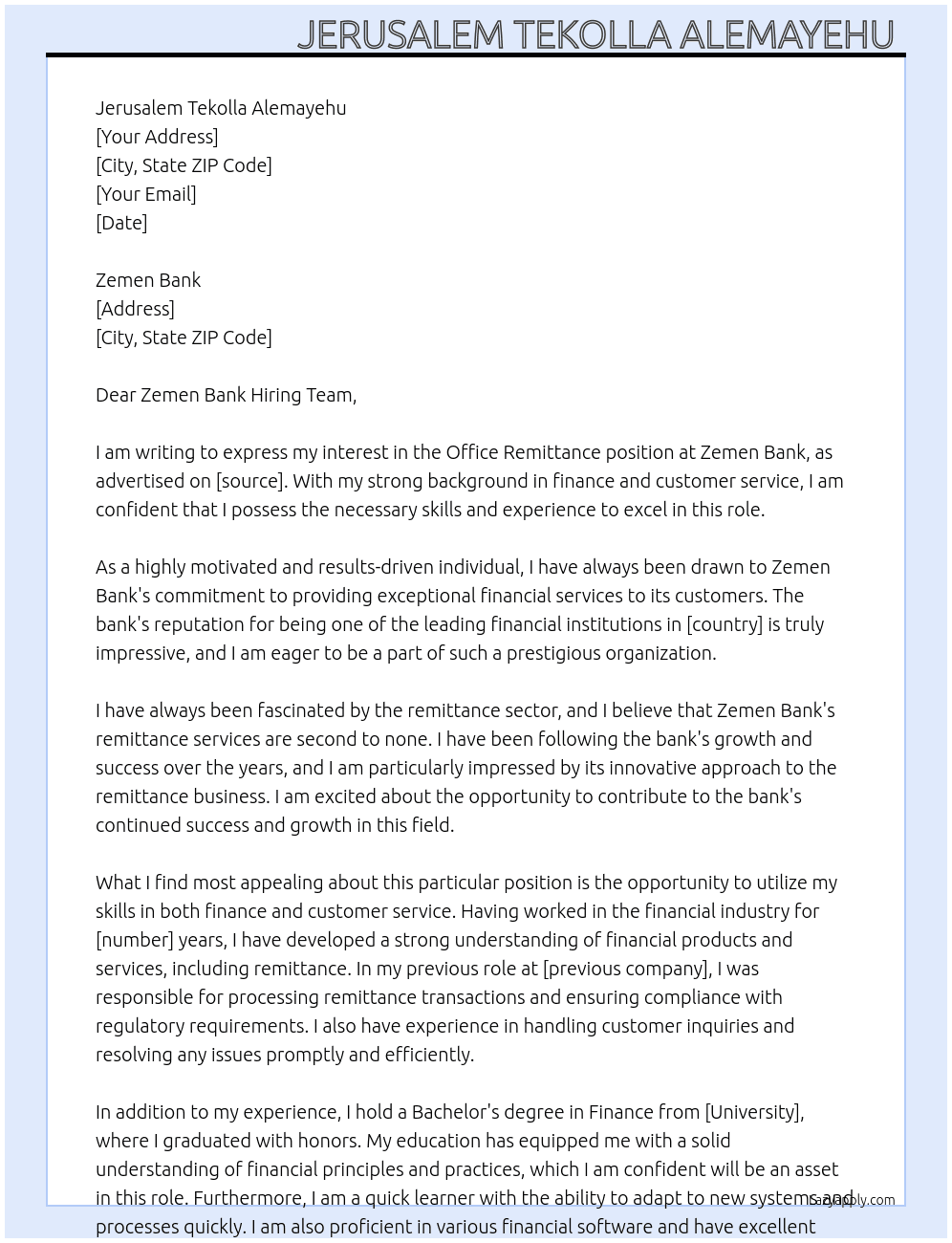 Office Remittance  At Zemen Bank  Cover Letter