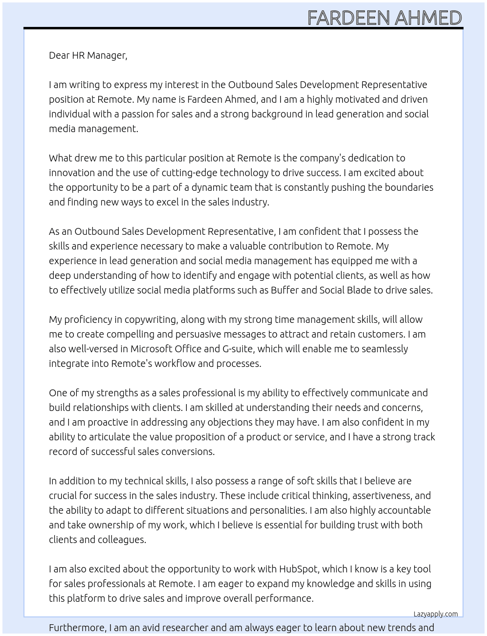Outbound Sales Development Representative At Remote Cover Letter