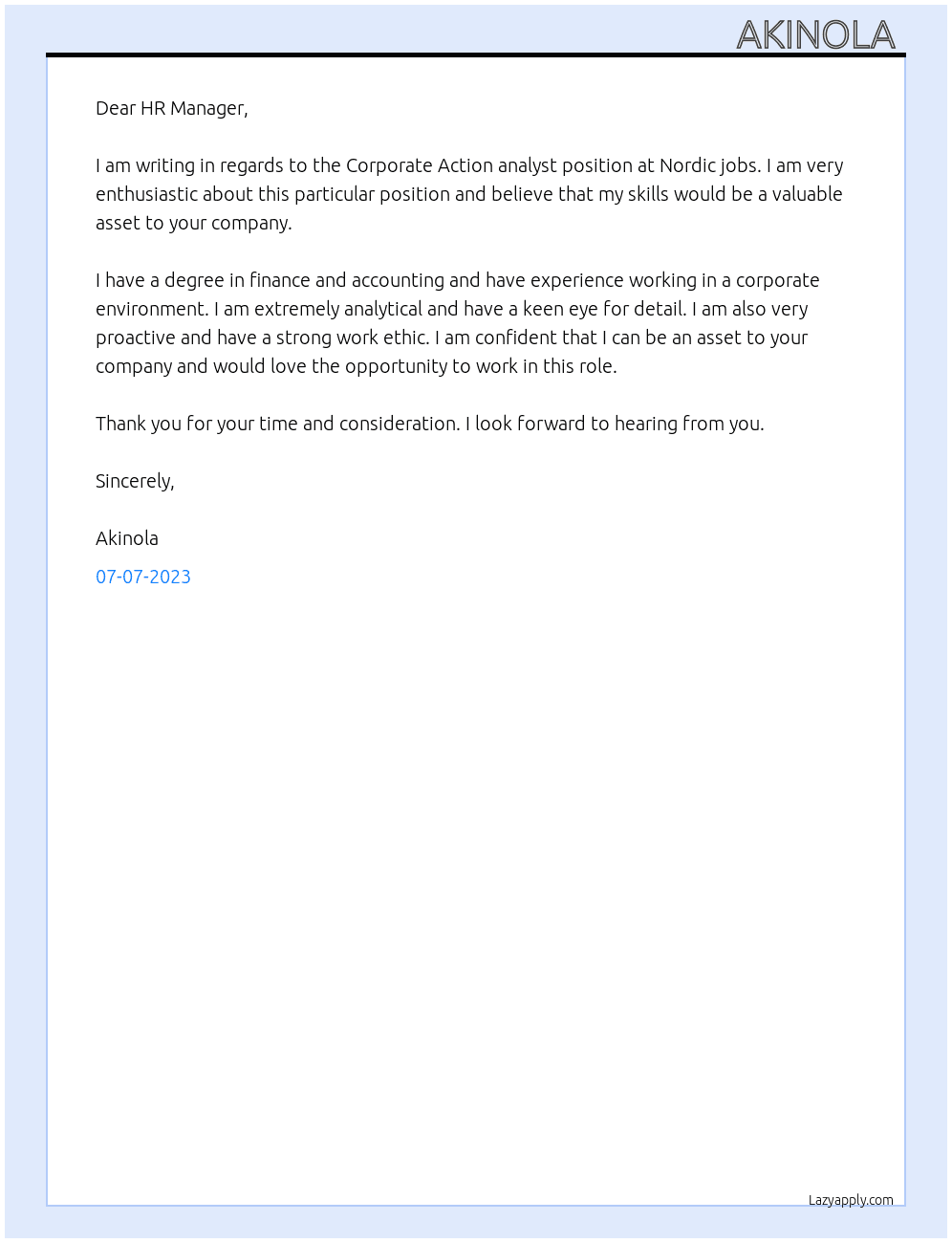 Corporate Action analyst At Nordic jobs Cover Letter