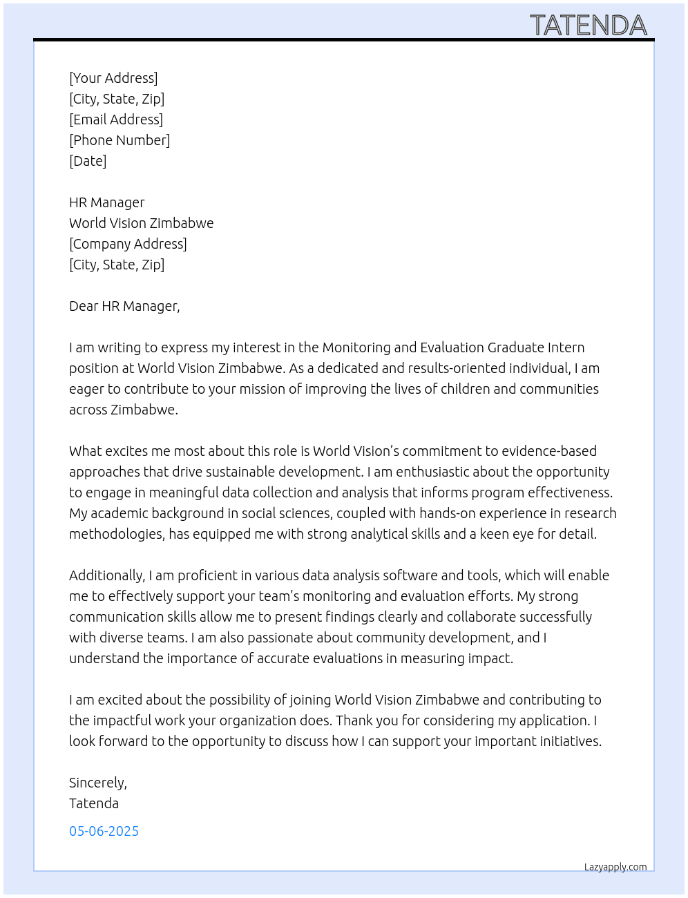 Monitoring and evaluation graduate intern At World Vision Zimbabwe Cover Letter