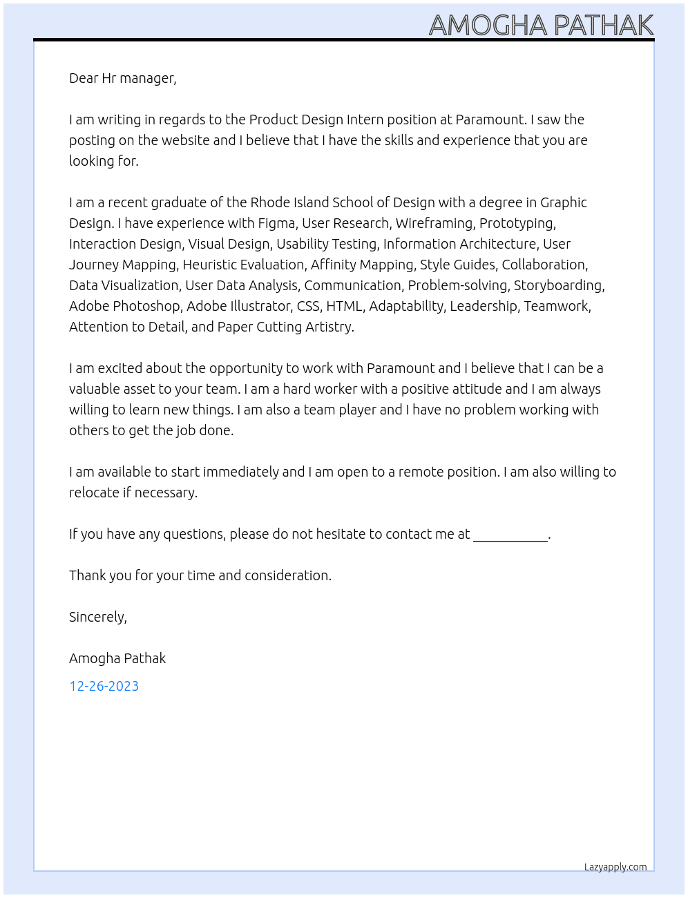 Product Design Intern At Paramount Cover Letter