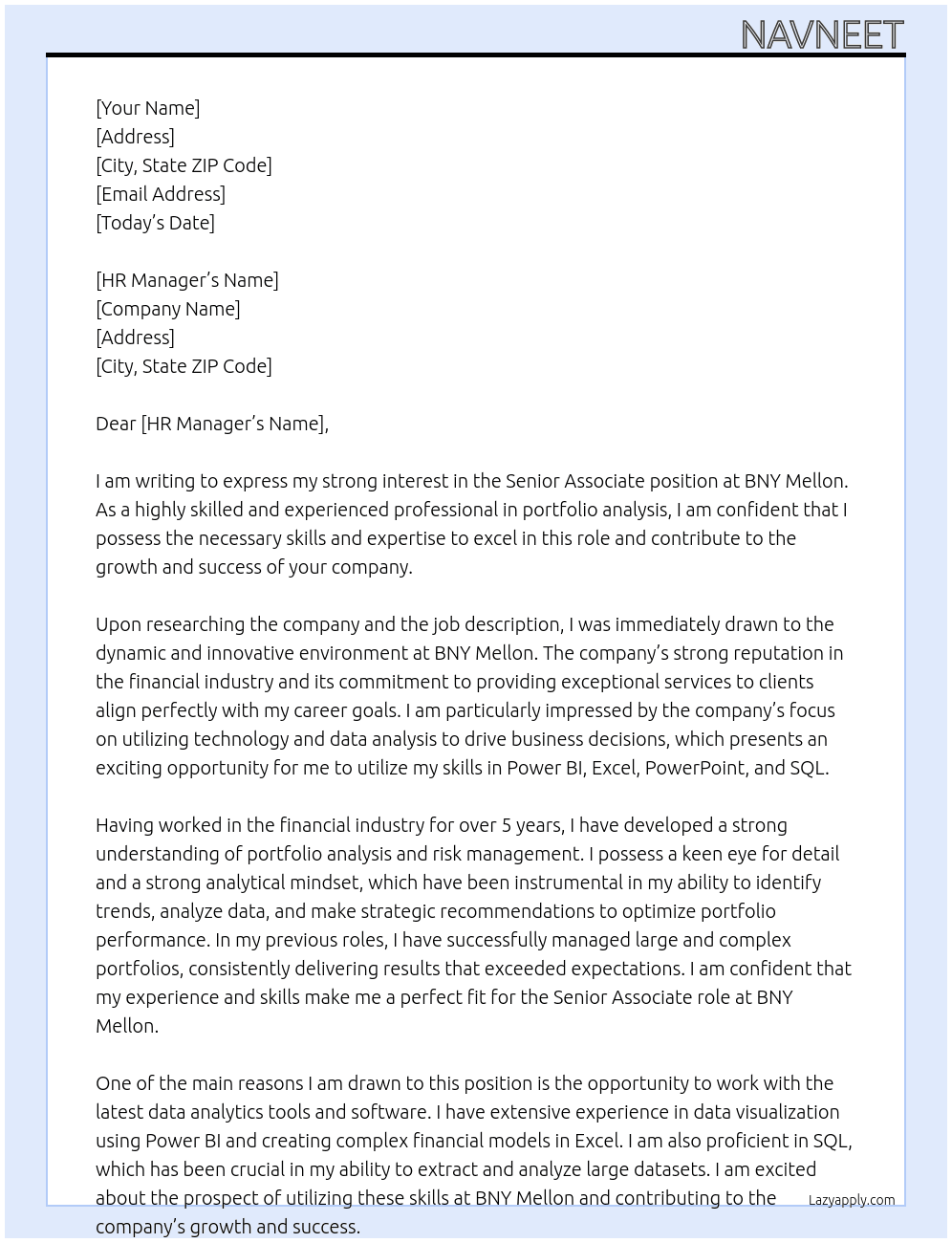 Senior Associate At BNY Mellon Cover Letter