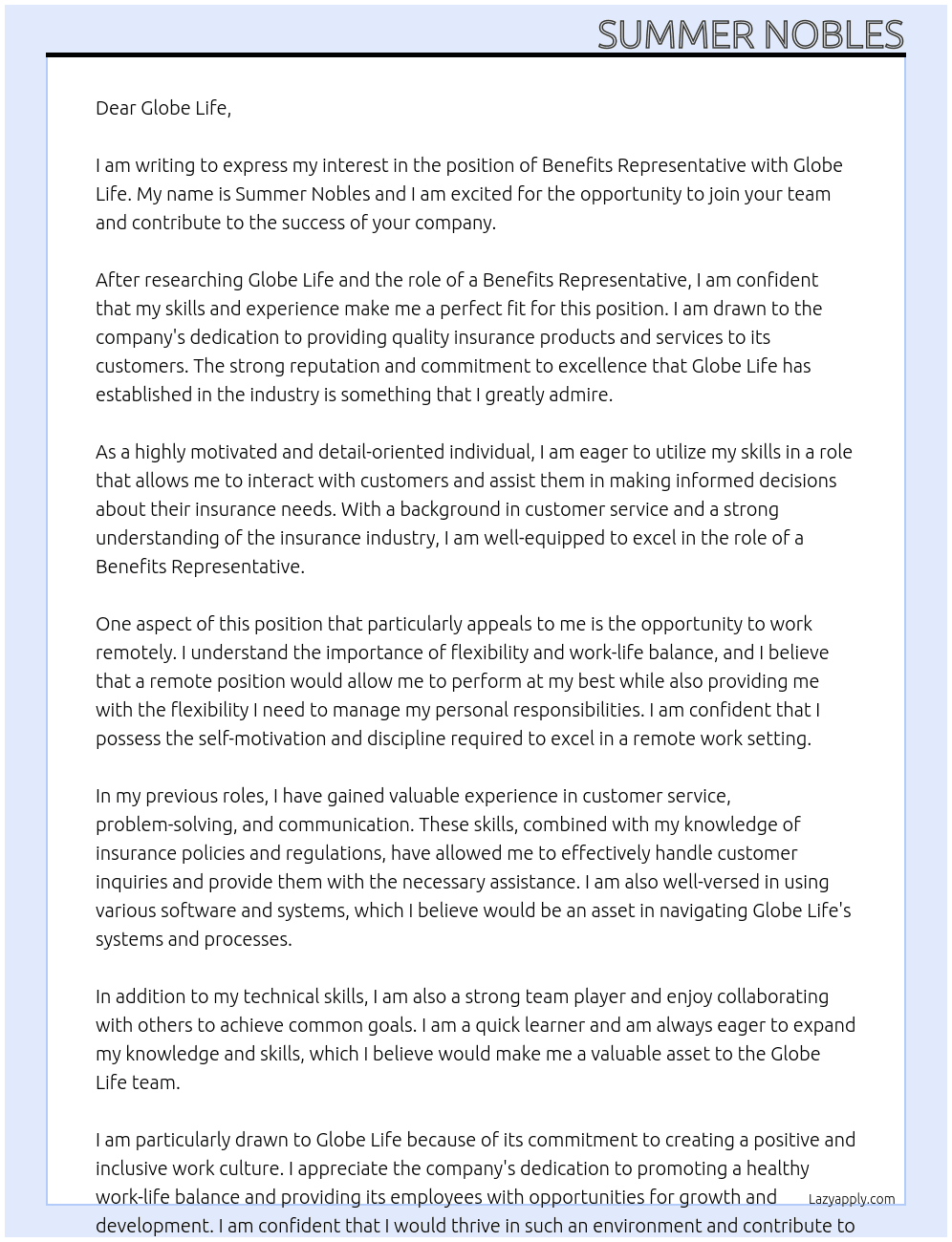 Benefits representative  At Globe life Cover Letter