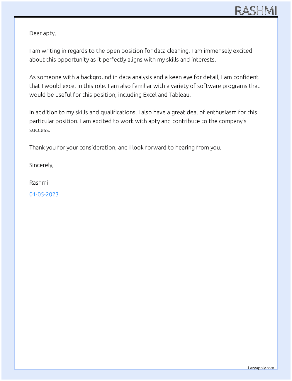 data cleaning At apty Cover Letter