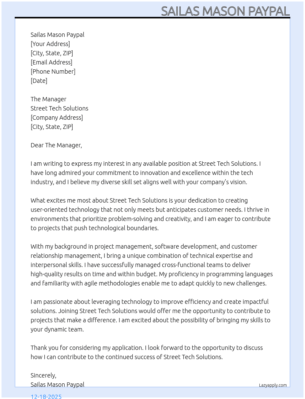 Any Job At Street Tech Solutions  Cover Letter