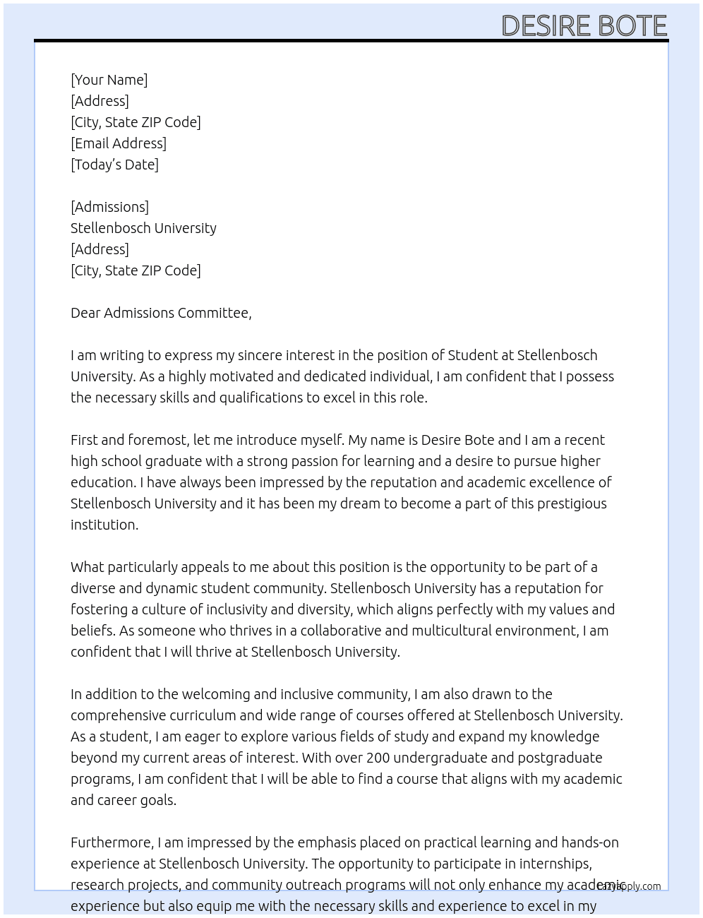 STUDENT At Stellenbosch University Cover Letter