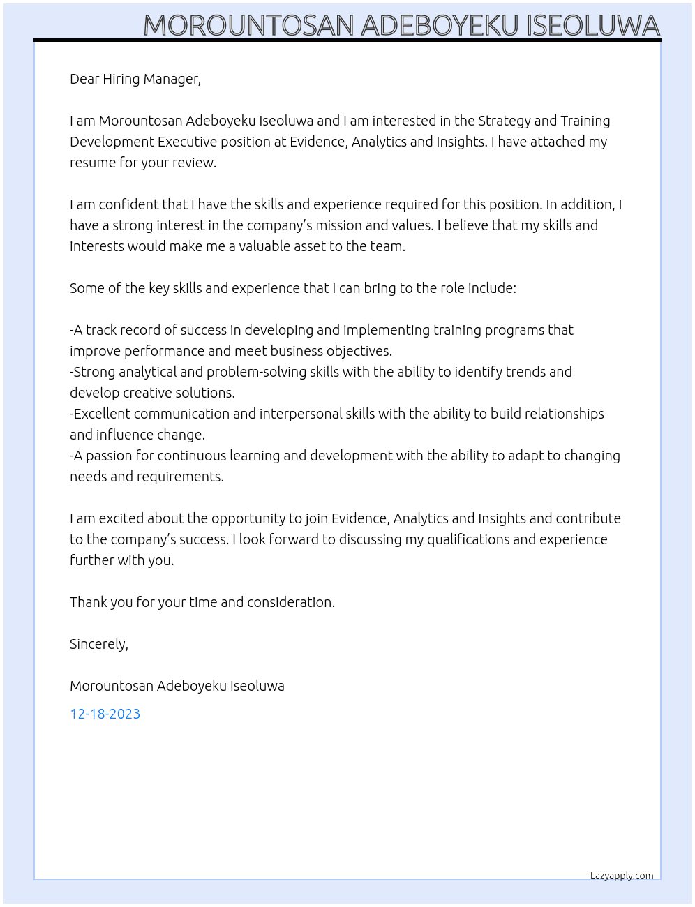 Strategy and Training Development Executive At Evidence, Analytics and Insights  Cover Letter