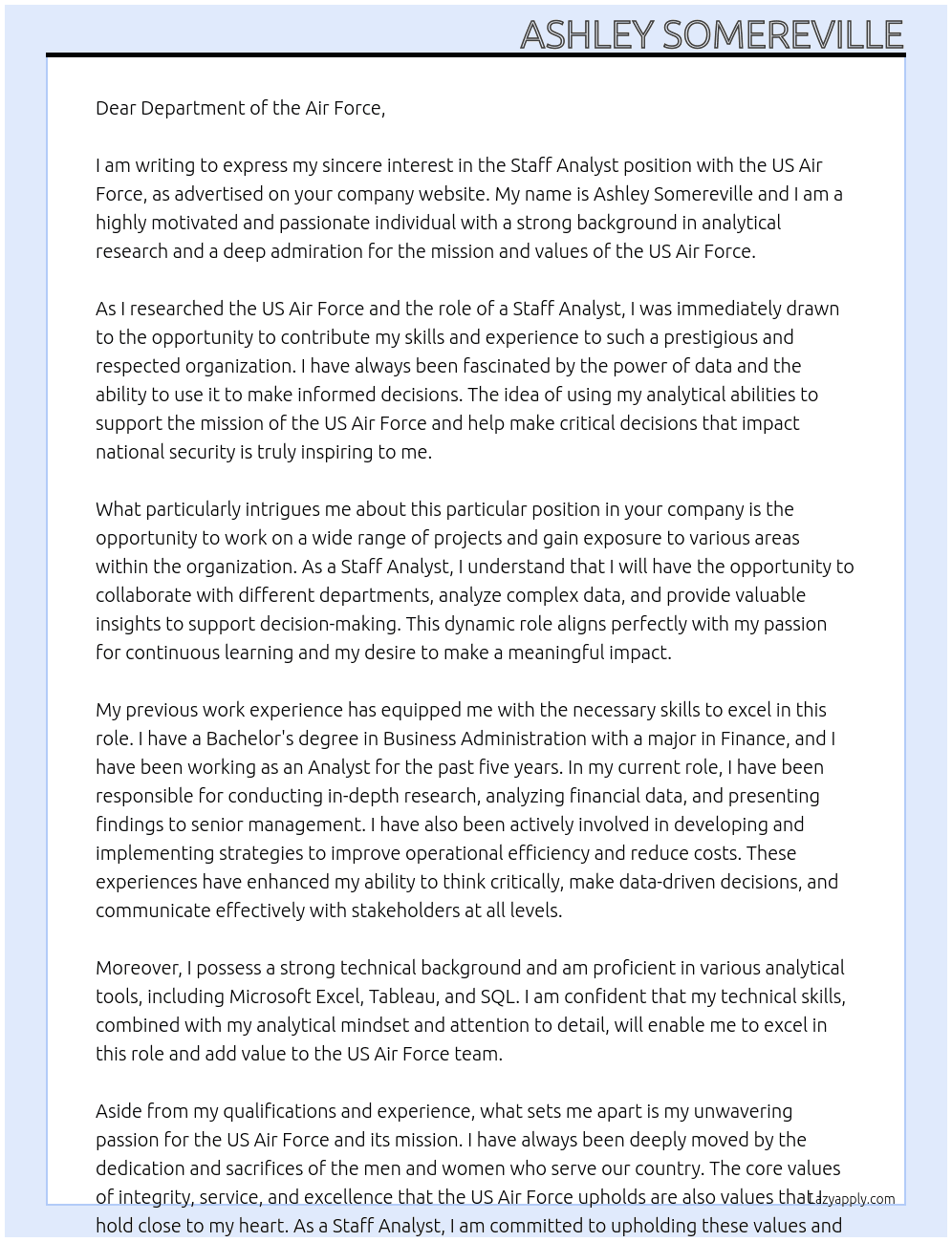 Staff Analyst At US Air Force Cover Letter
