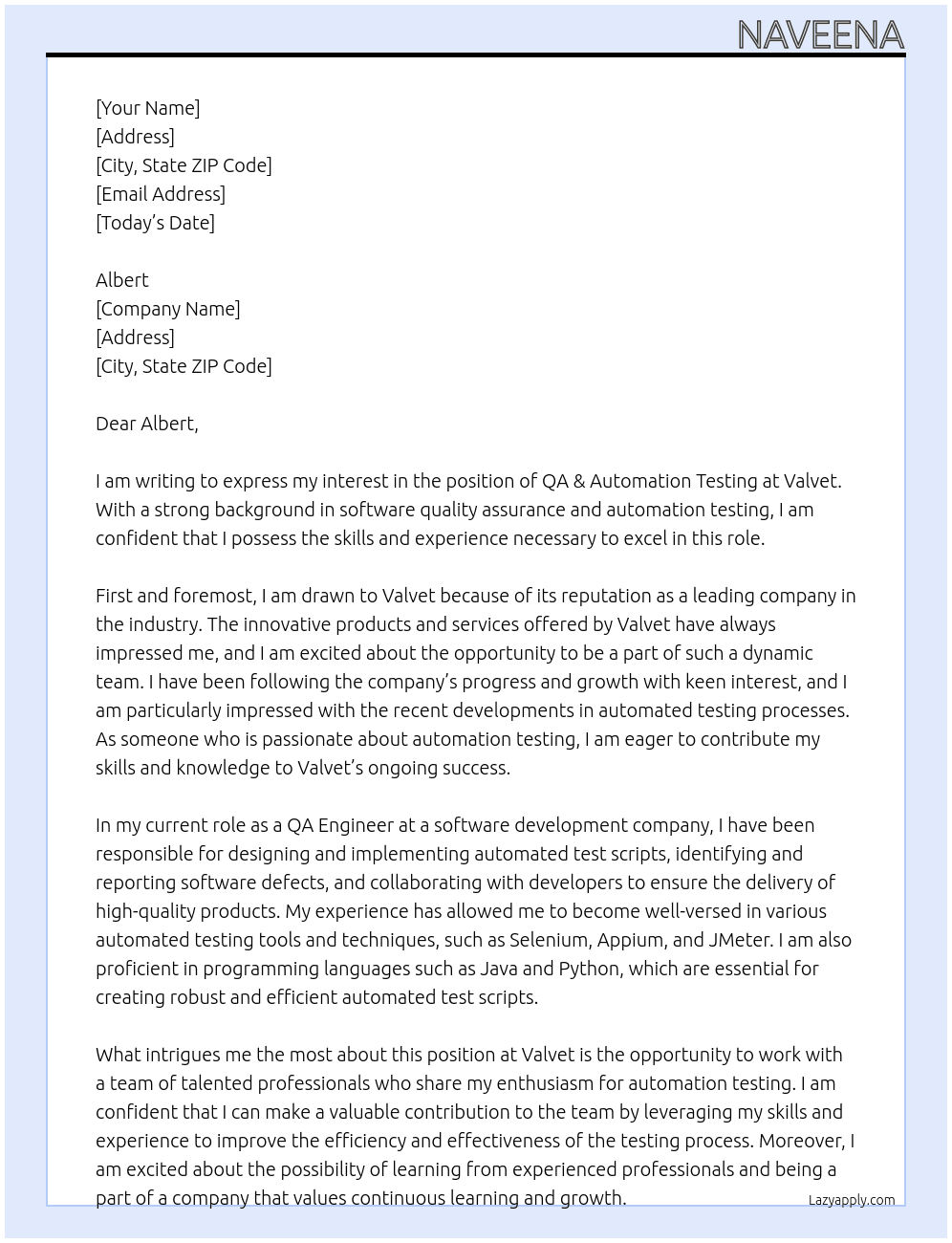 QA & Automation Testing At Valvet Cover Letter