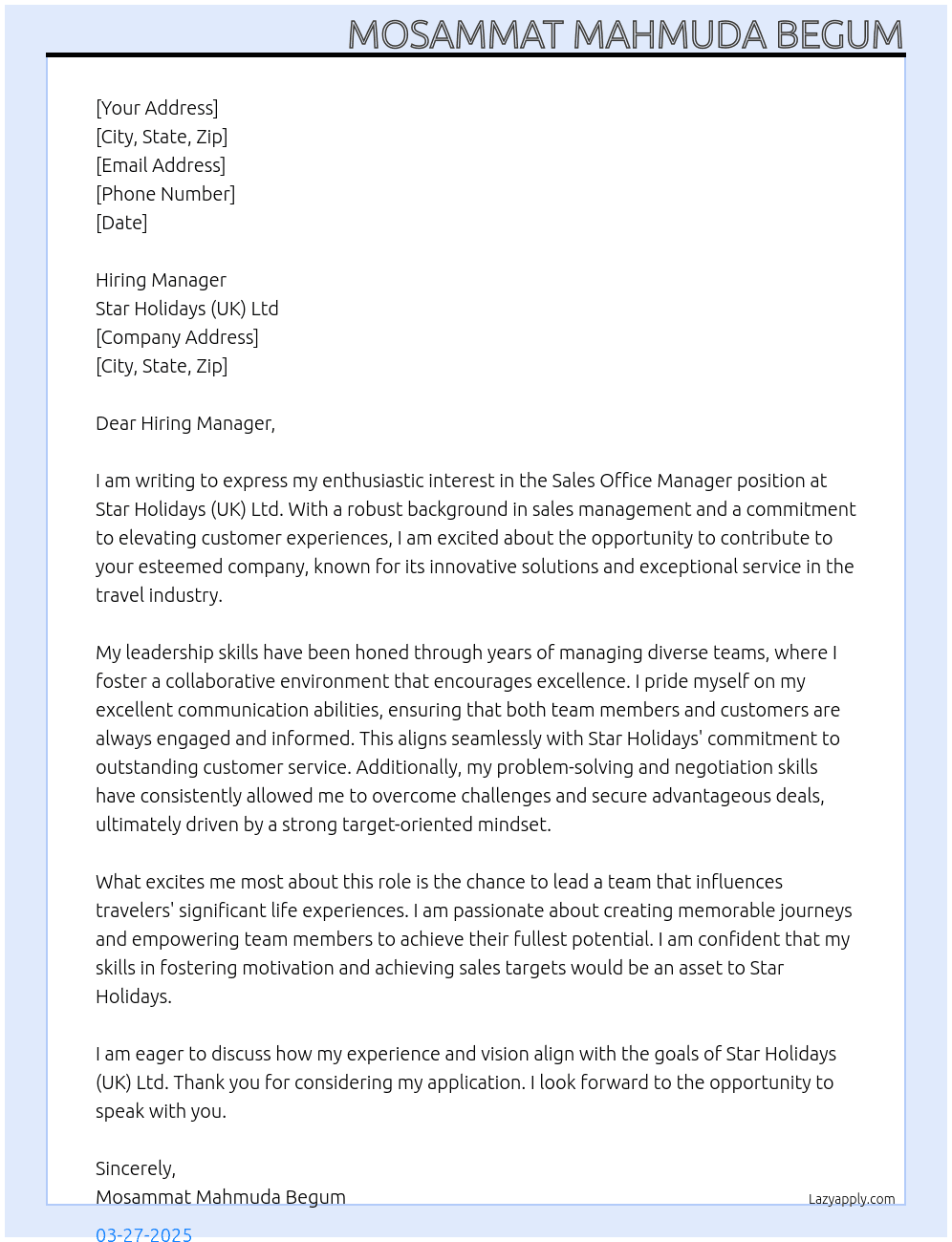 Cover letter for sales office manager - LazyApply