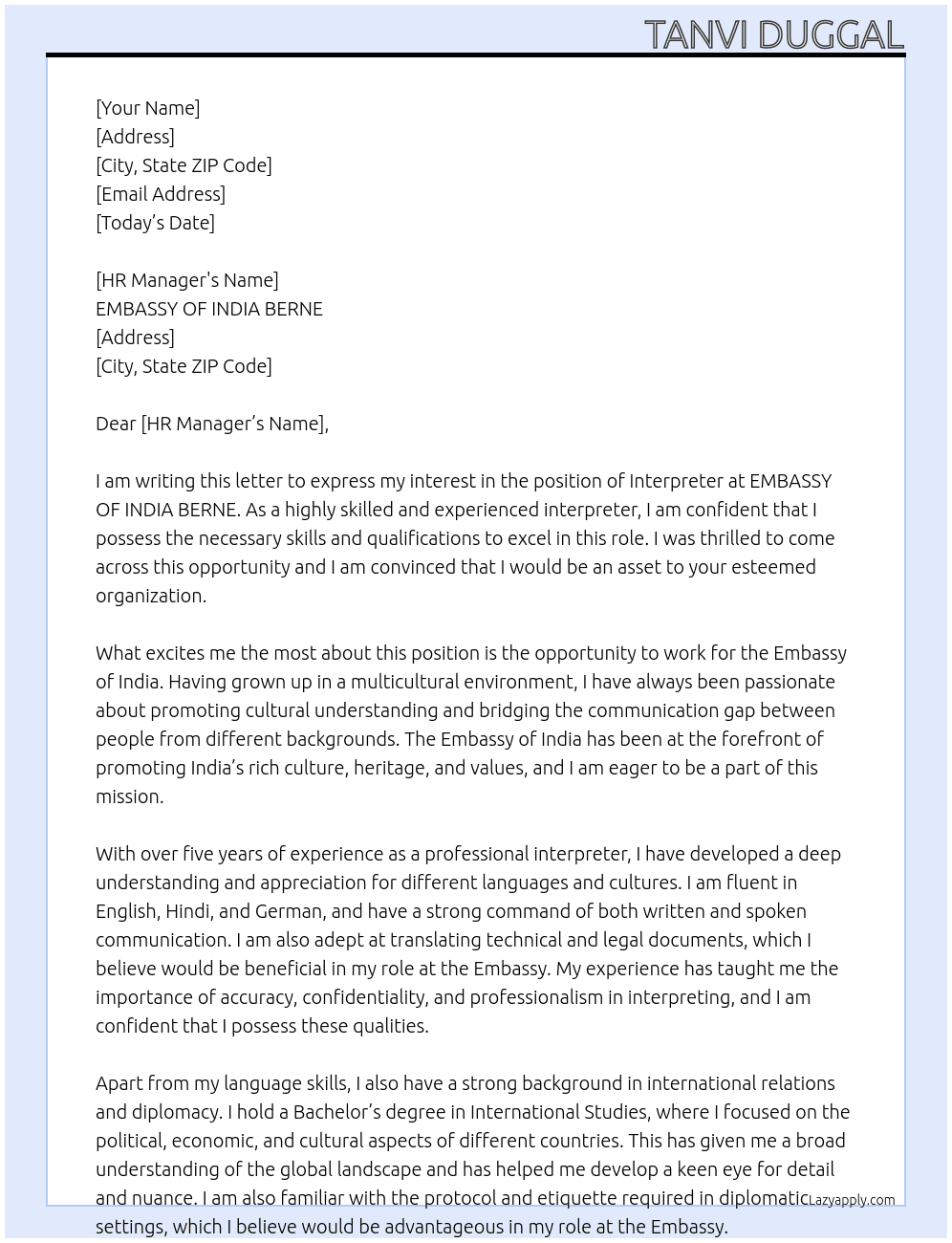 Cover letter for post of interpreter - LazyApply