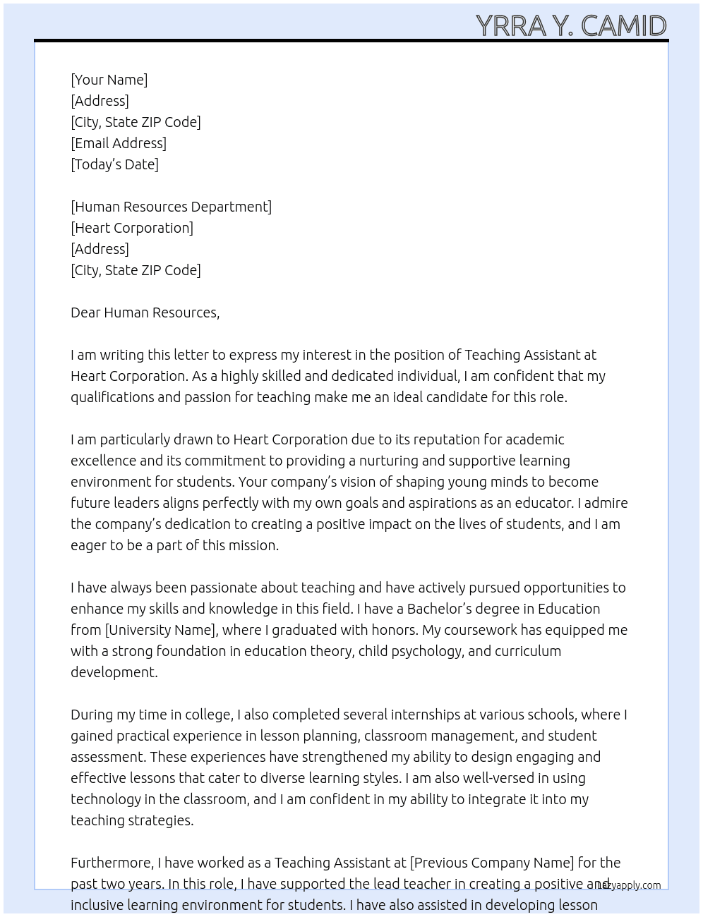 Teaching Assistant At Heart Corporation Cover Letter