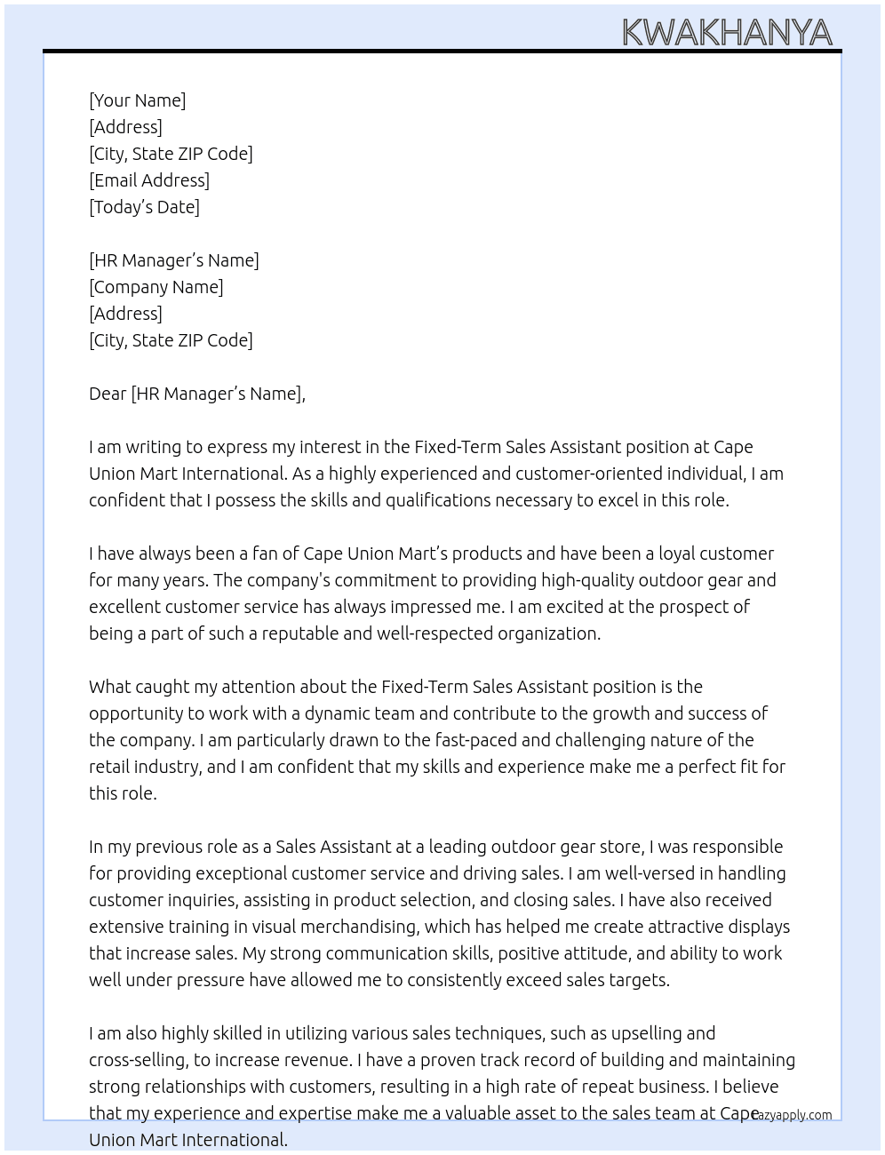 Fixed-Term Sales Assistant At Cape Union Mart International Cover Letter