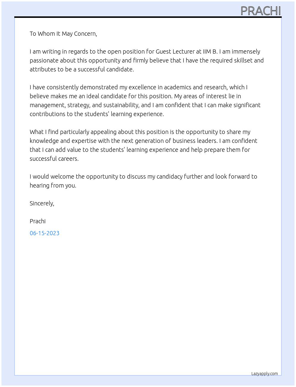 Guest Lecturer At IIM B Cover Letter