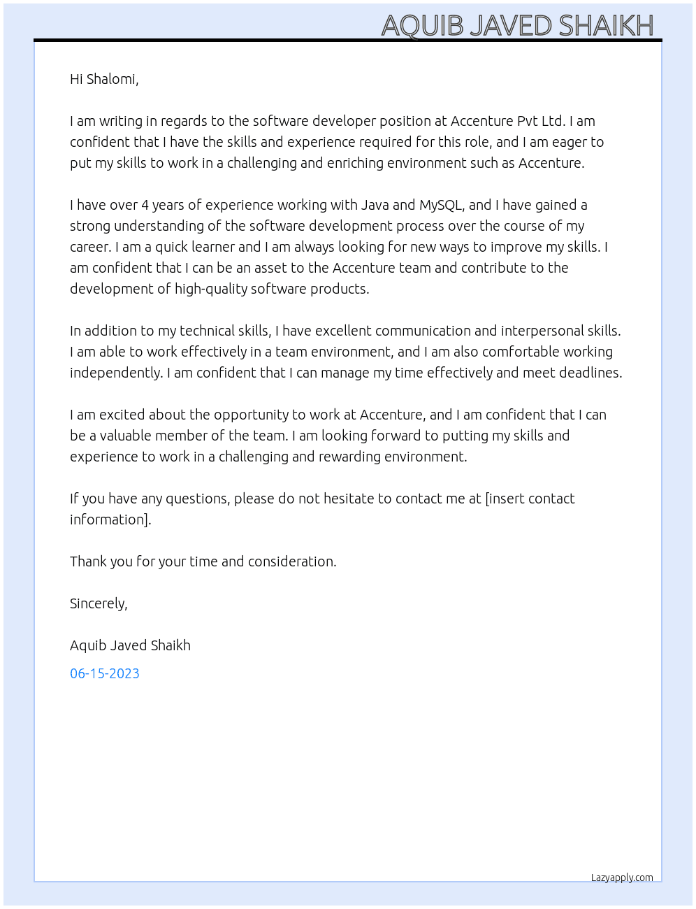 software developer  At Accenture pvt ltd Cover Letter