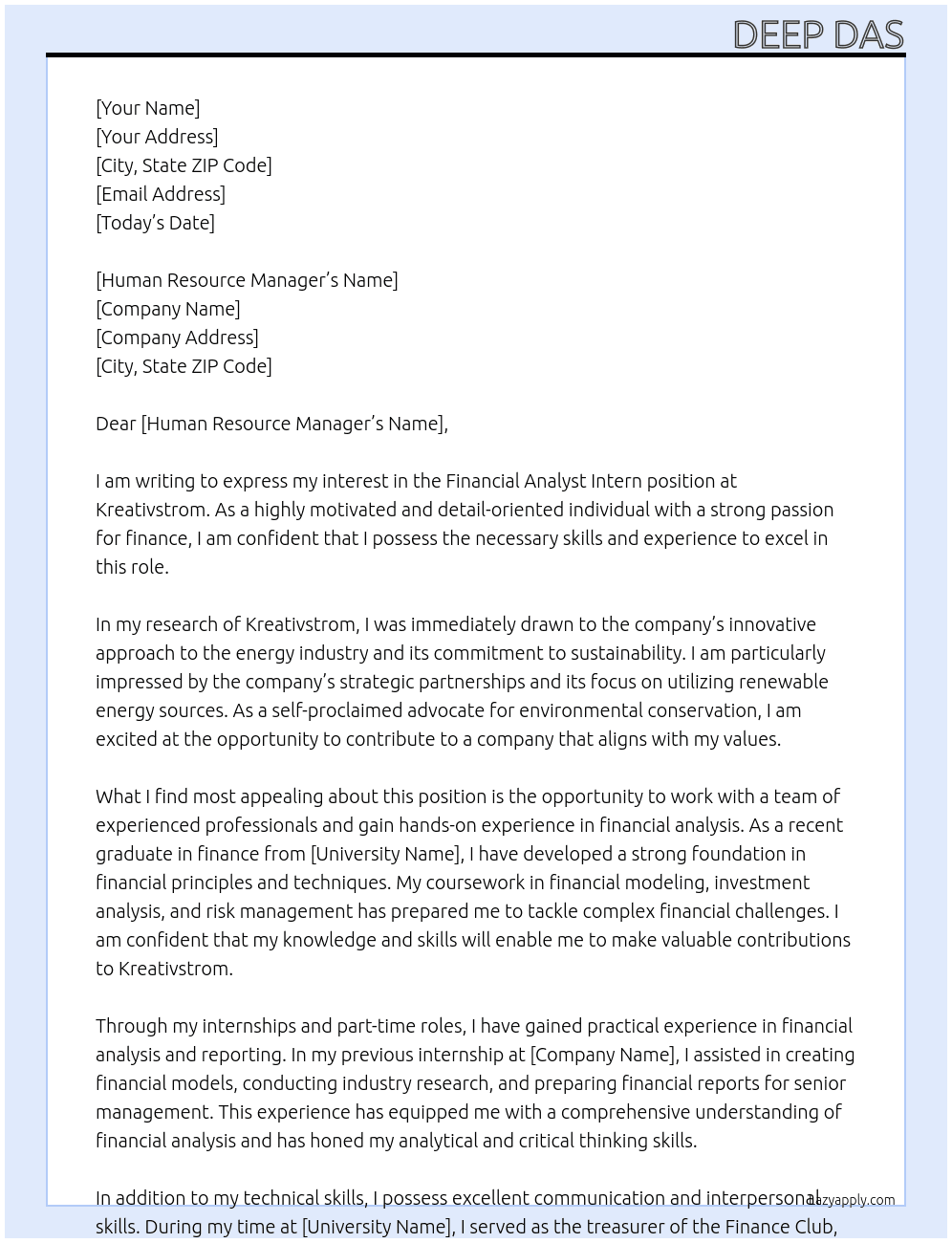Financial Analyst -Intern At Kreativstrom Cover Letter