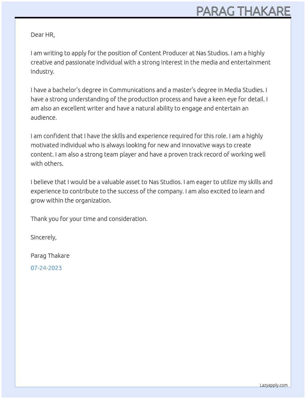 Content Producer  At Nas Studios Cover Letter
