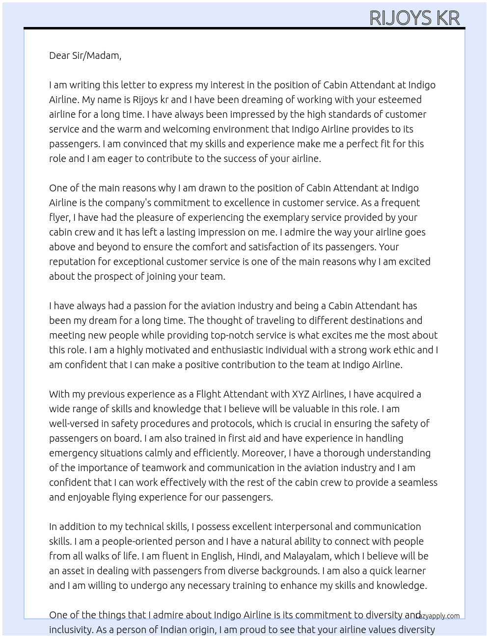 Cabin attendant At Indigo airline  Cover Letter