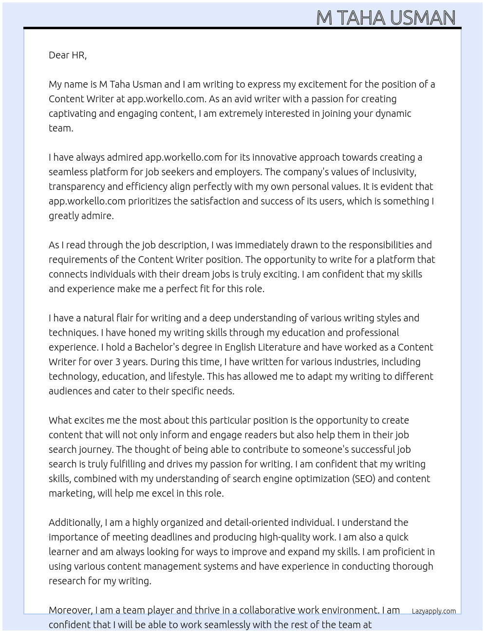Content writer  At app.workello.com Cover Letter