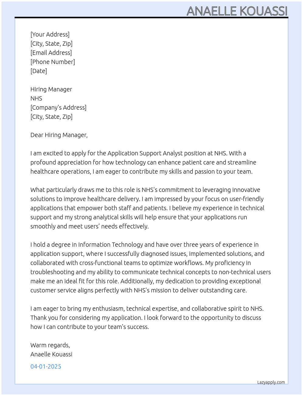 Application Support Analyst At NHS Cover Letter