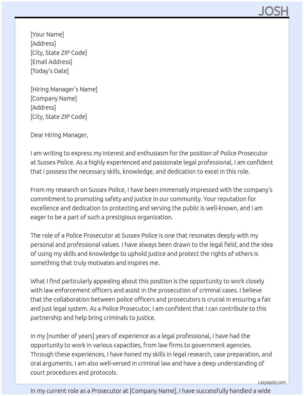 Police Prosecutor  At Sussex police Cover Letter