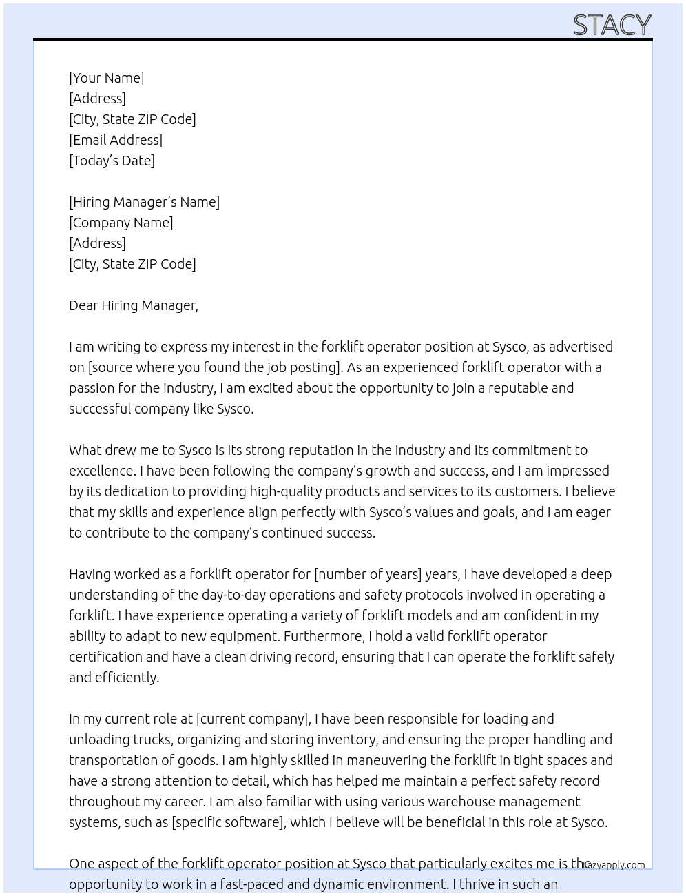 forklift operator At Sysco Cover Letter