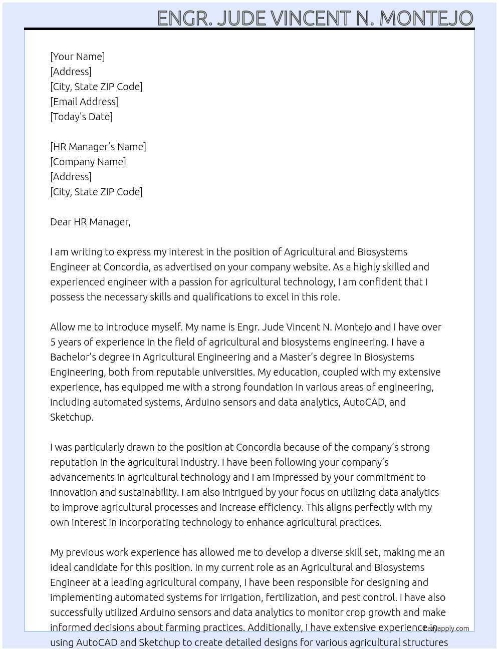 Agricultural and Biosystems Engineer At Concordia Cover Letter