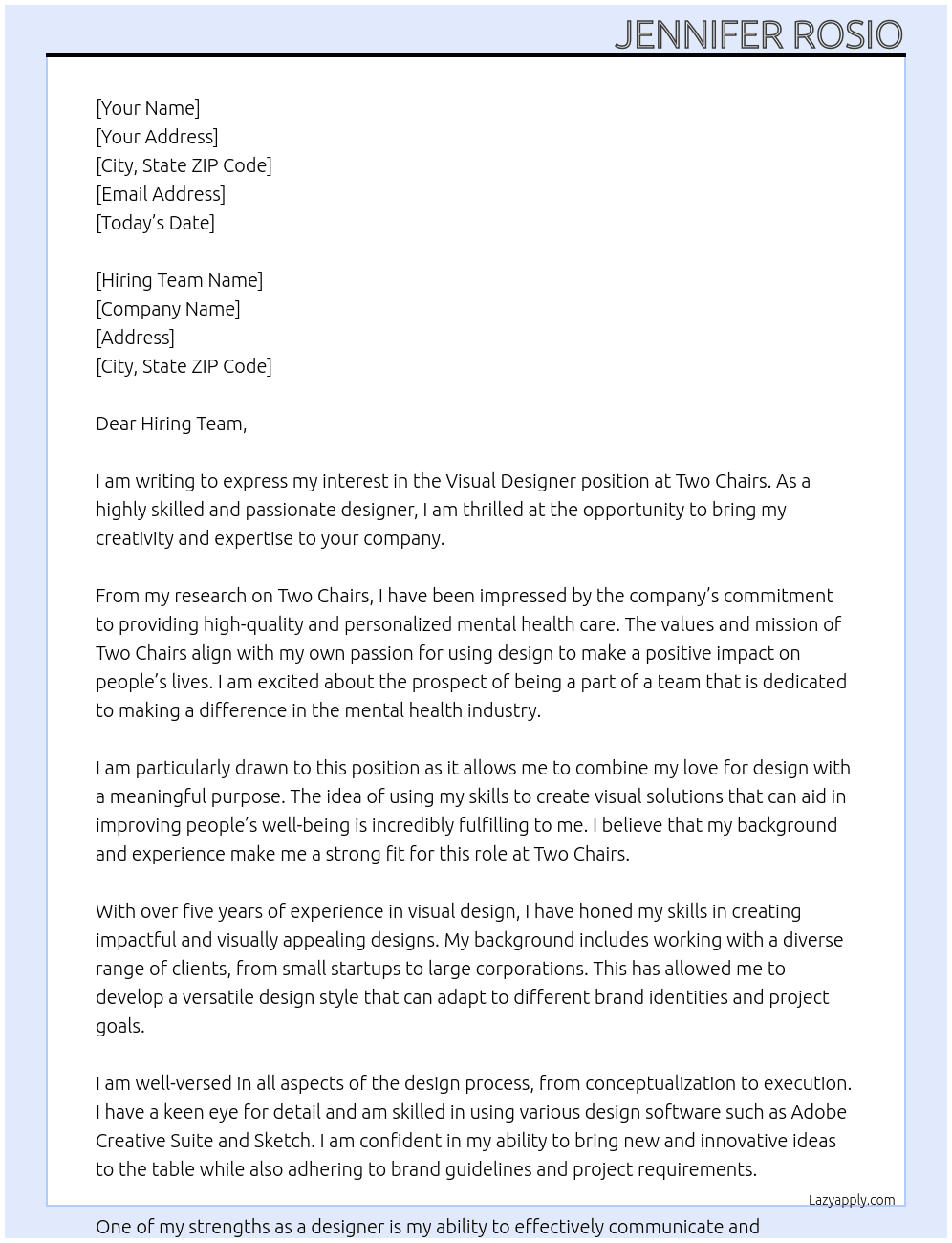 Visual Designer At Two Chairs Cover Letter