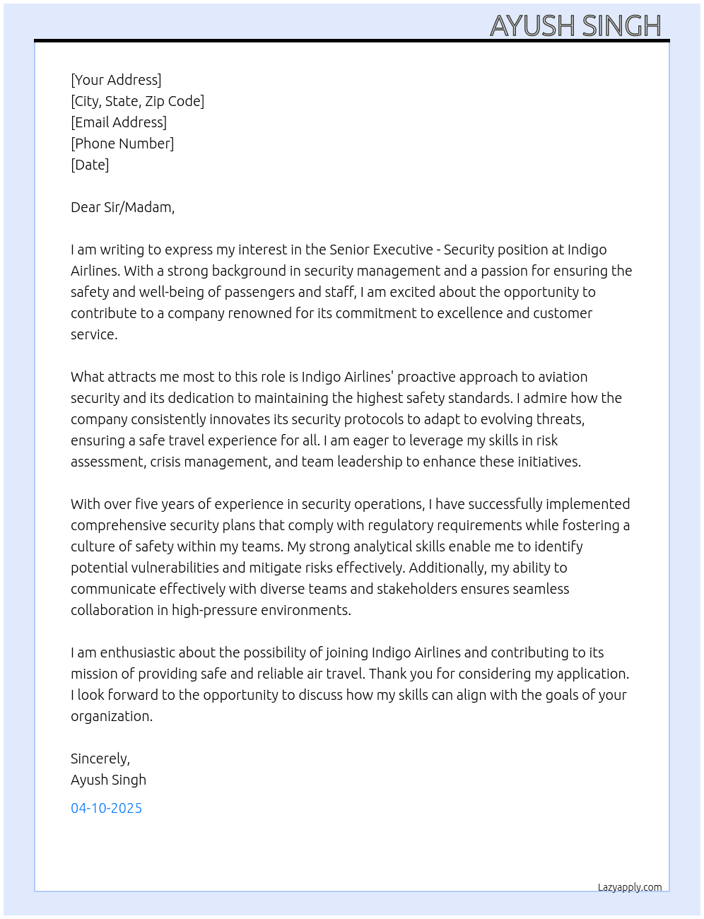 Senior Executive - Security At INDIGO AIRLINES  Cover Letter