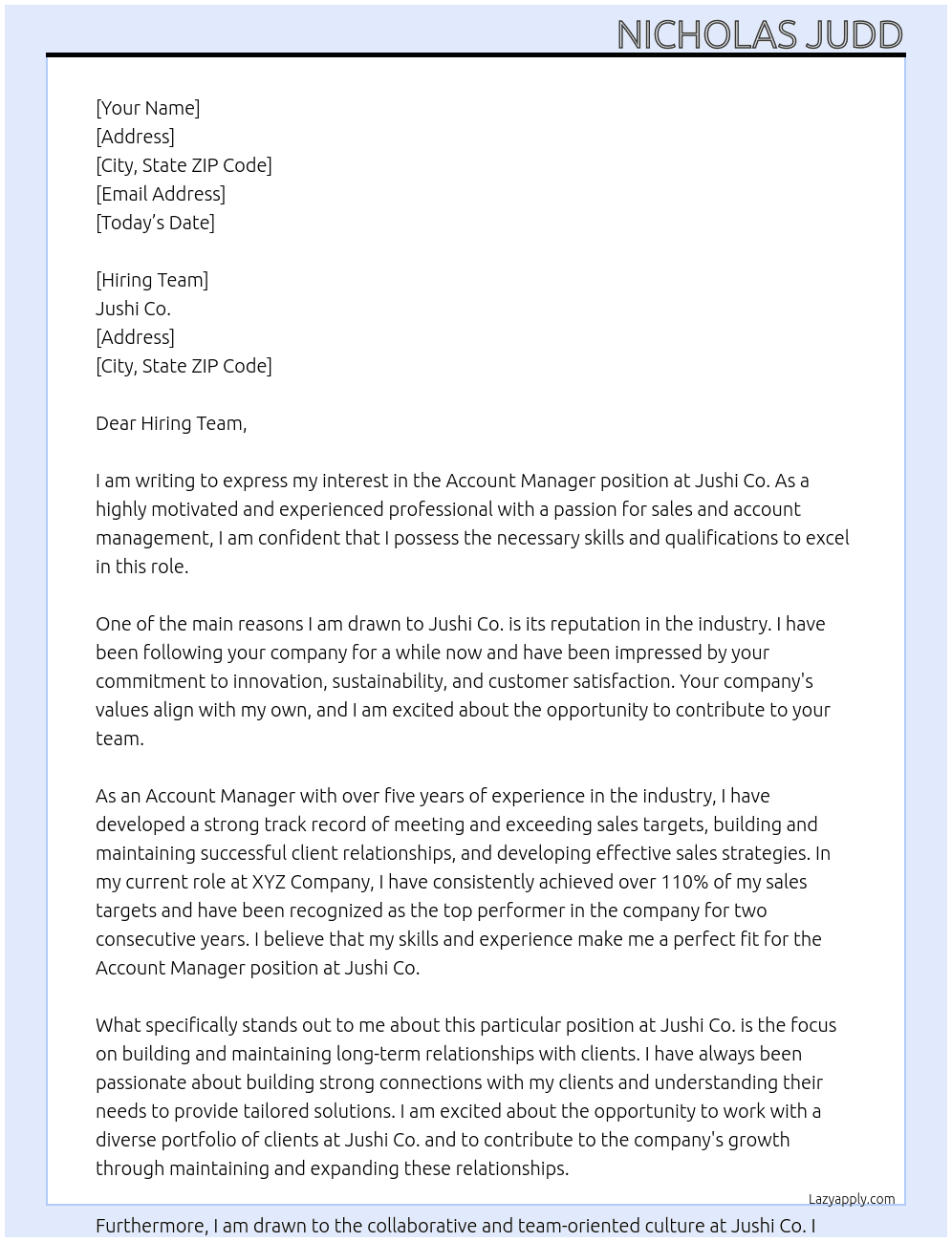 Account Manager At Jushi Co Cover Letter