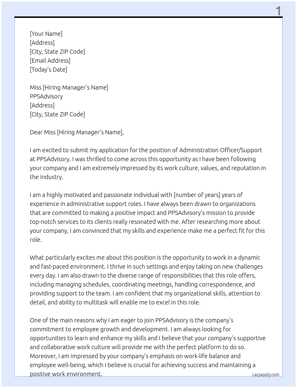 Administration Officer/Support At PPSAdvisory Cover Letter