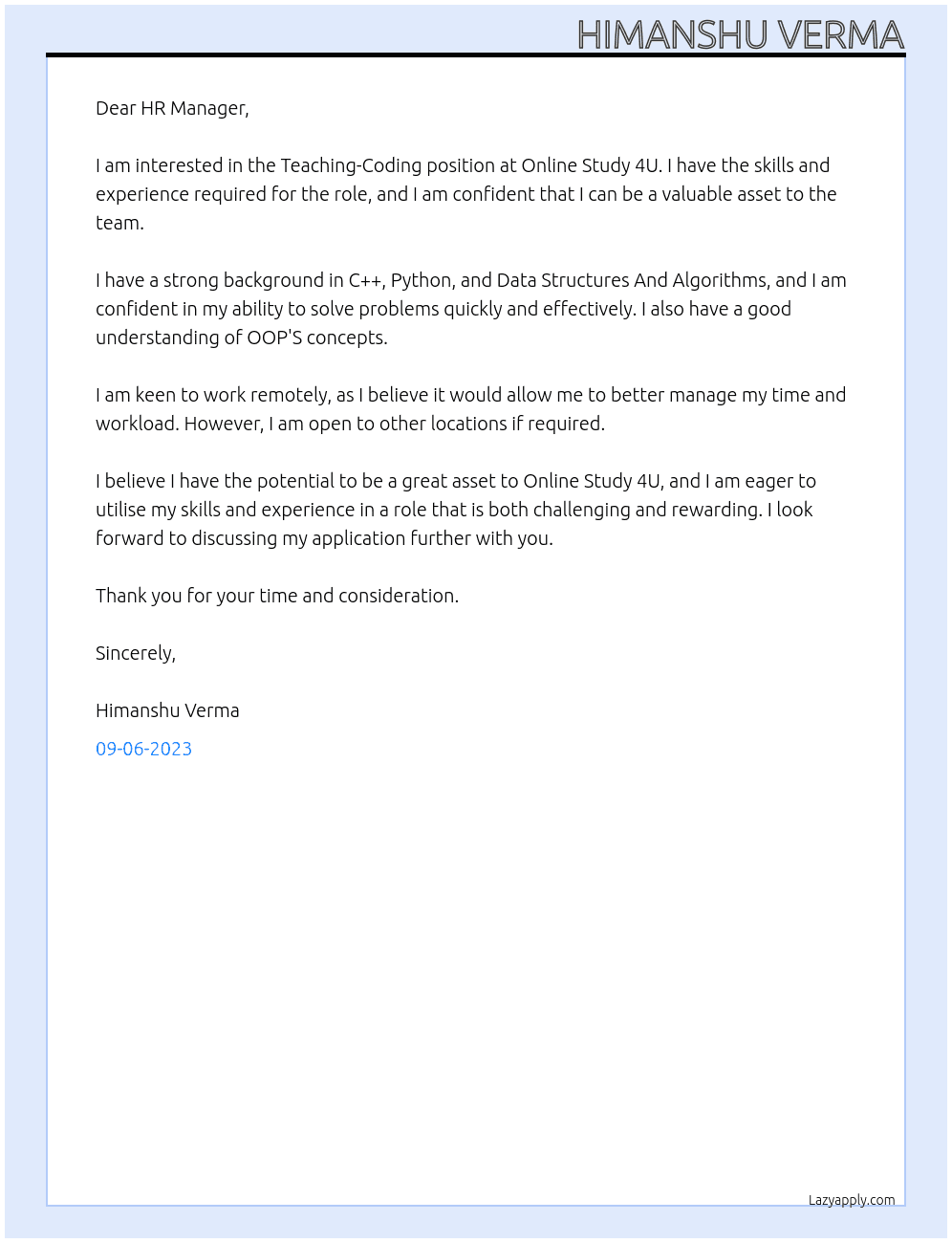 Teaching-Coding At Online Study 4U Cover Letter