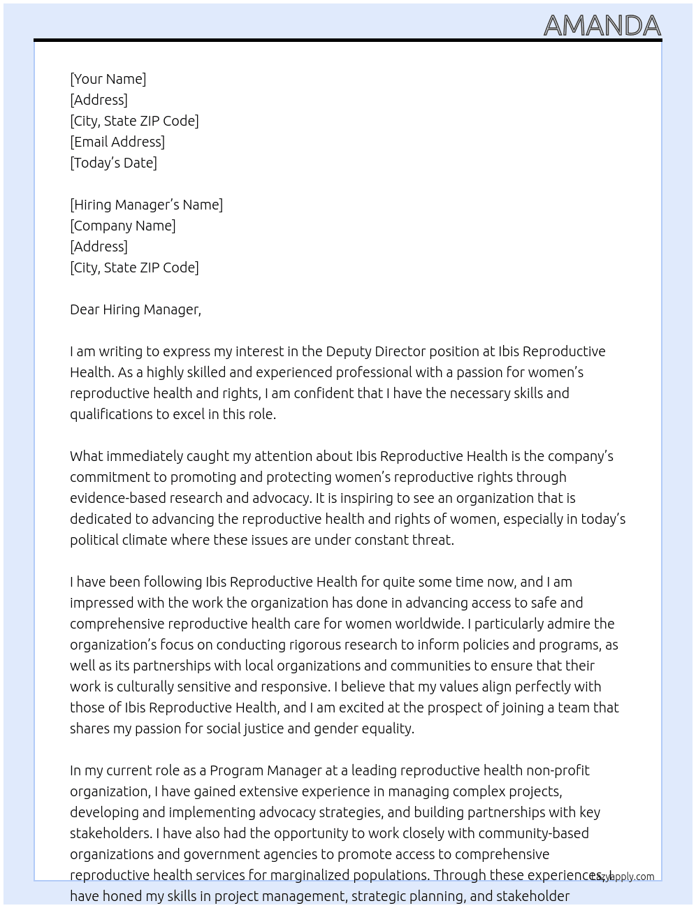 Deputy Director At Ibis Reproductive Health Cover Letter
