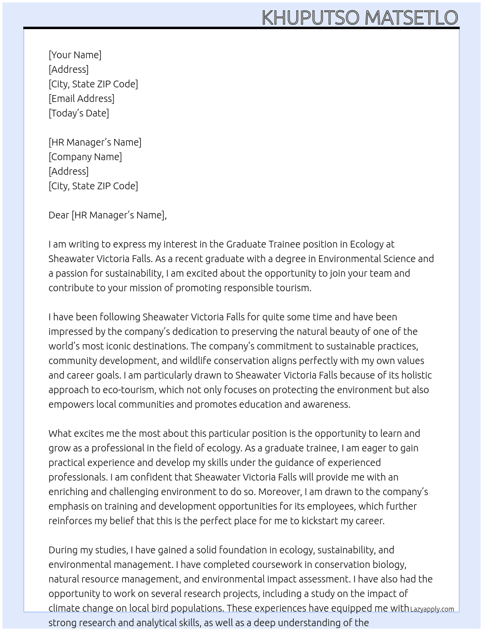 Graduate trainee in ecology At Sheawater Victoria Falls Cover Letter