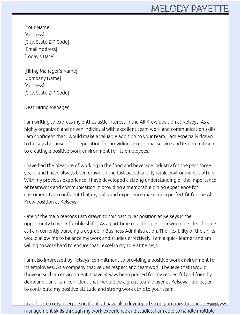 All Krew At Kelseys Cover Letter