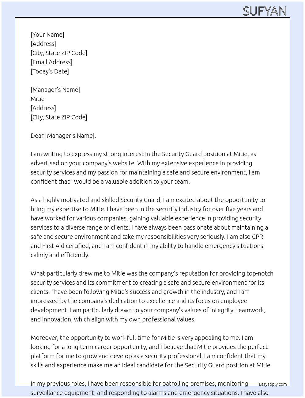 Security guard  At Mitie Cover Letter