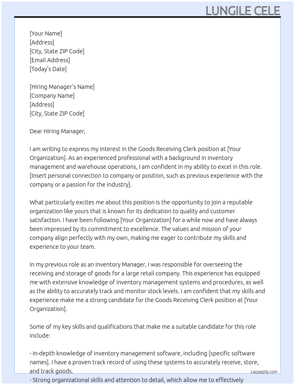 Cover letter for goods receiving clerk - LazyApply