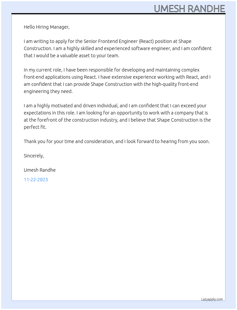 Senior Frontend Engineer (React) At Shape Construction  Cover Letter