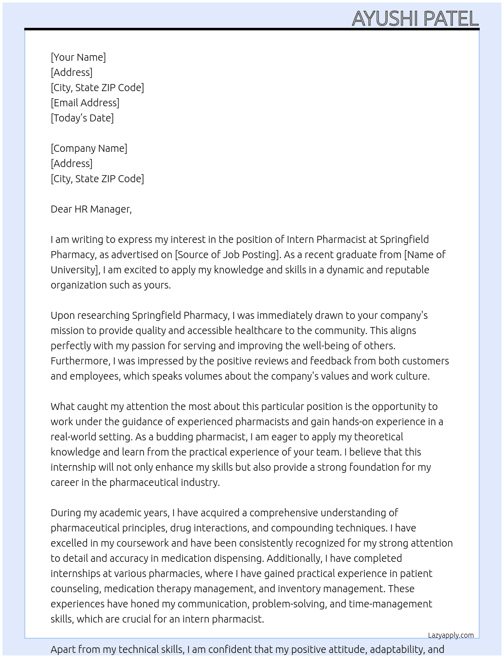 intern pharmacist At Springfield Pharmacy Cover Letter