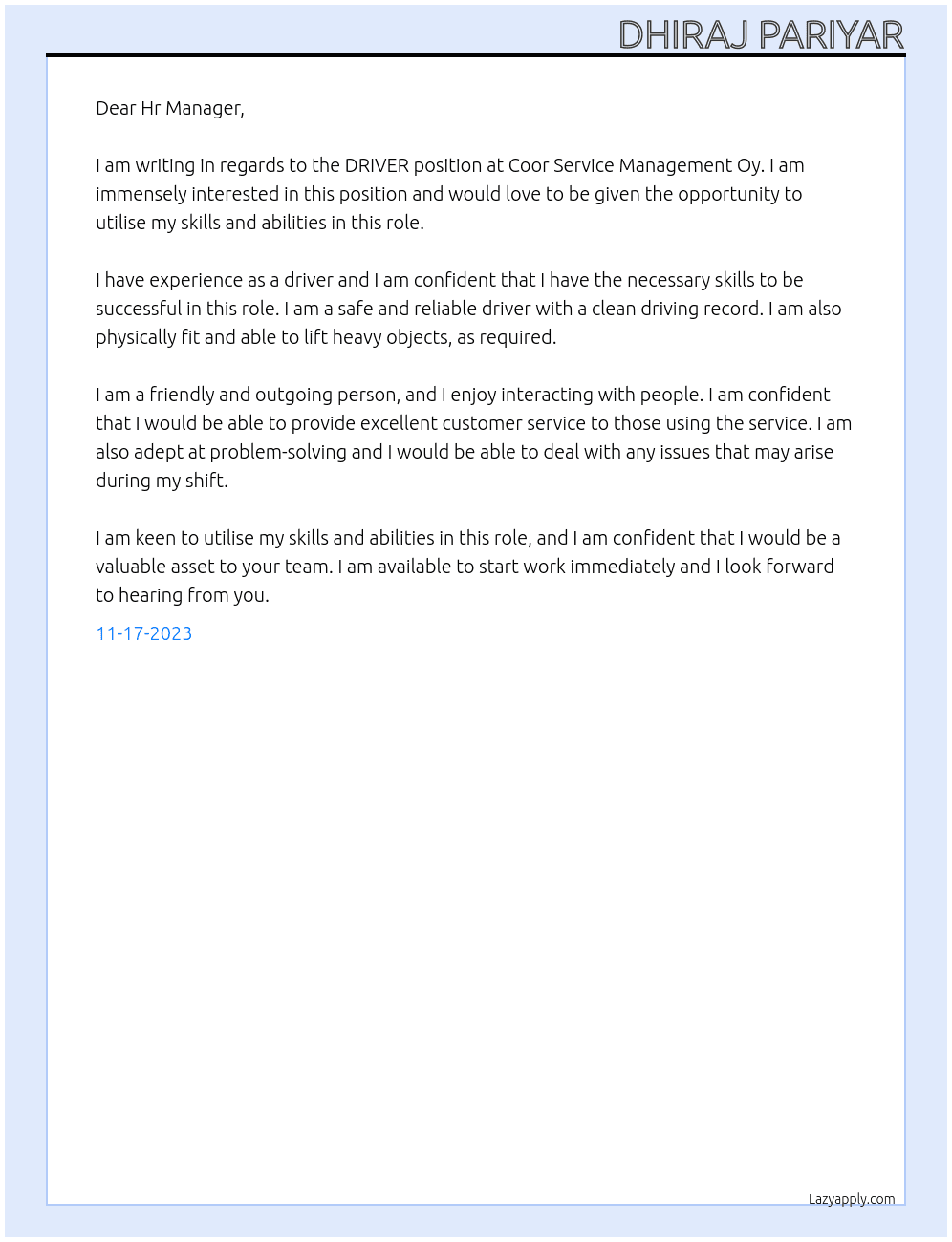 DRIVER At Coor Service Management Oy Cover Letter