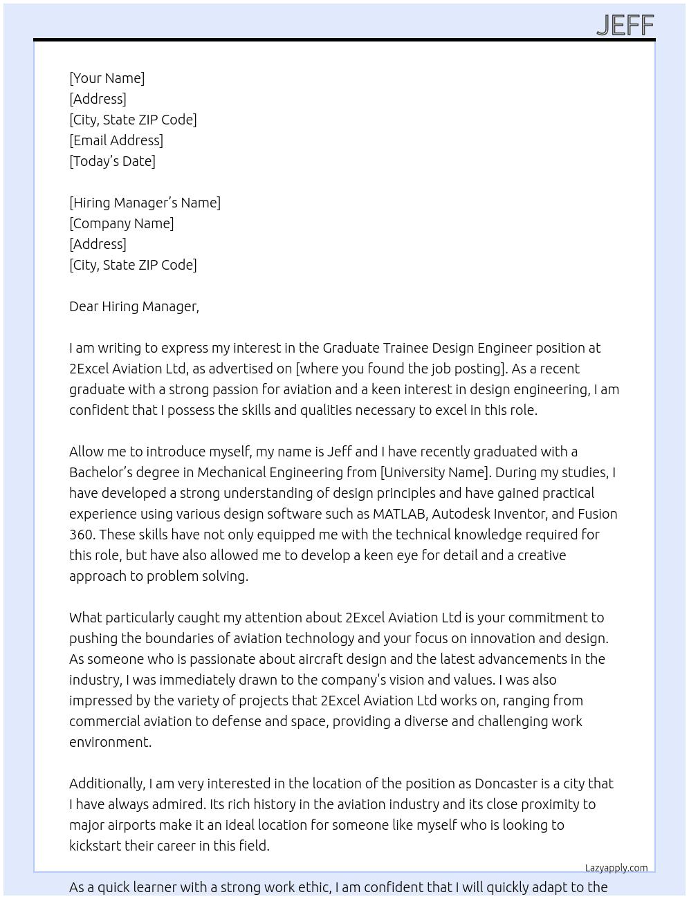 Graduate Trainee Design Engineer At 2Excel Aviation Ltd Cover Letter