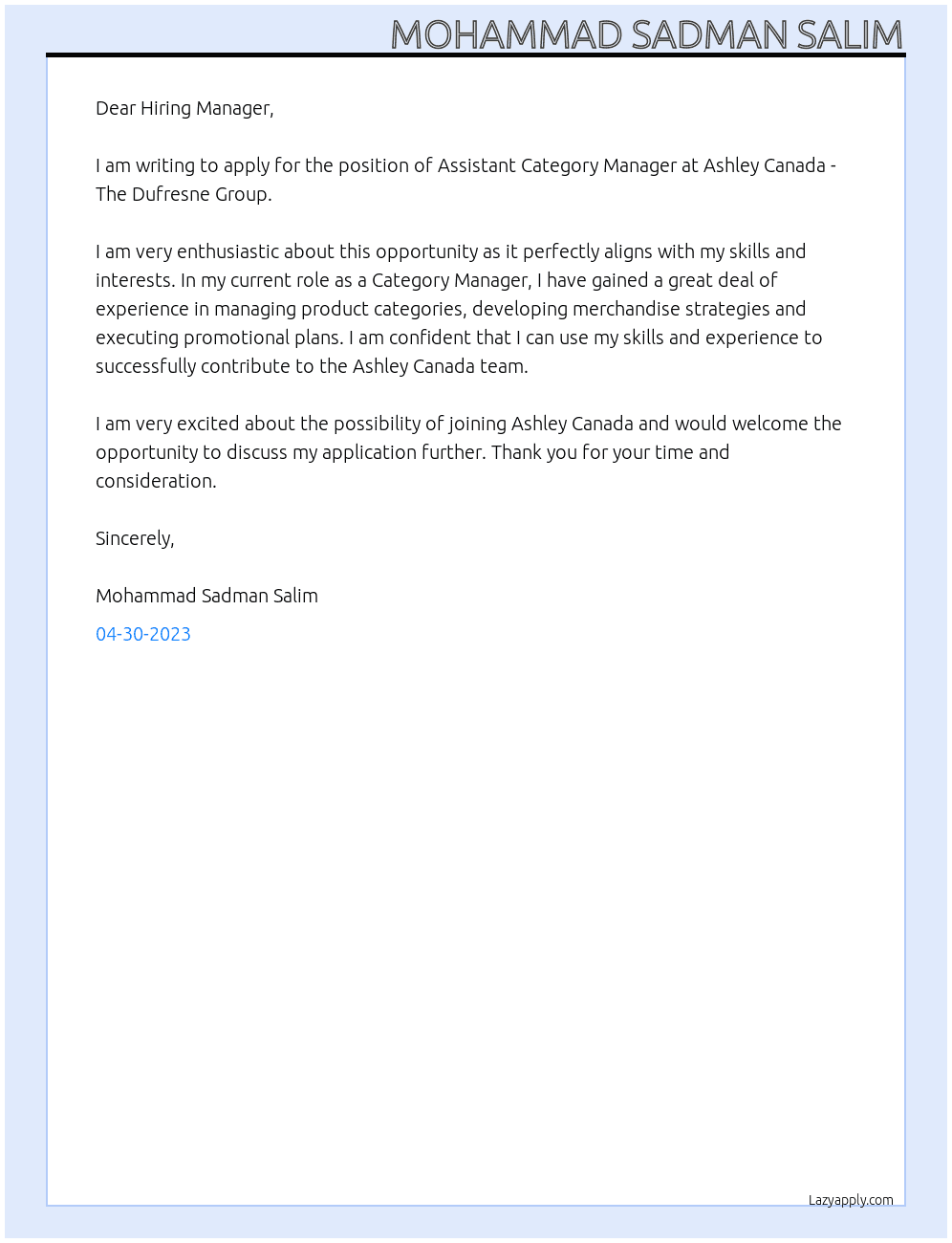 Assistant Category Manager At Ashley Canada - The Dufresne Group Cover Letter
