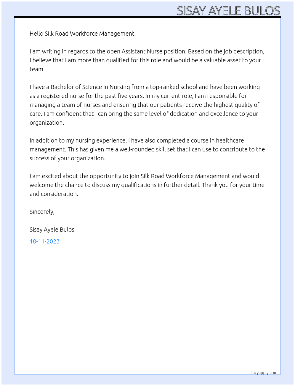 Assistant Nurse At silk road workforce management Cover Letter