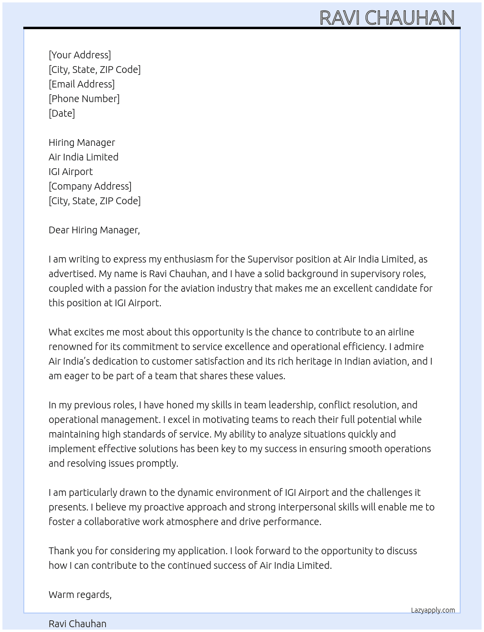 Supervisor At Air India Limited Cover Letter