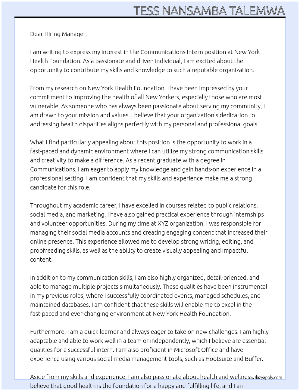 communications intern At New York Health Foundation Cover Letter