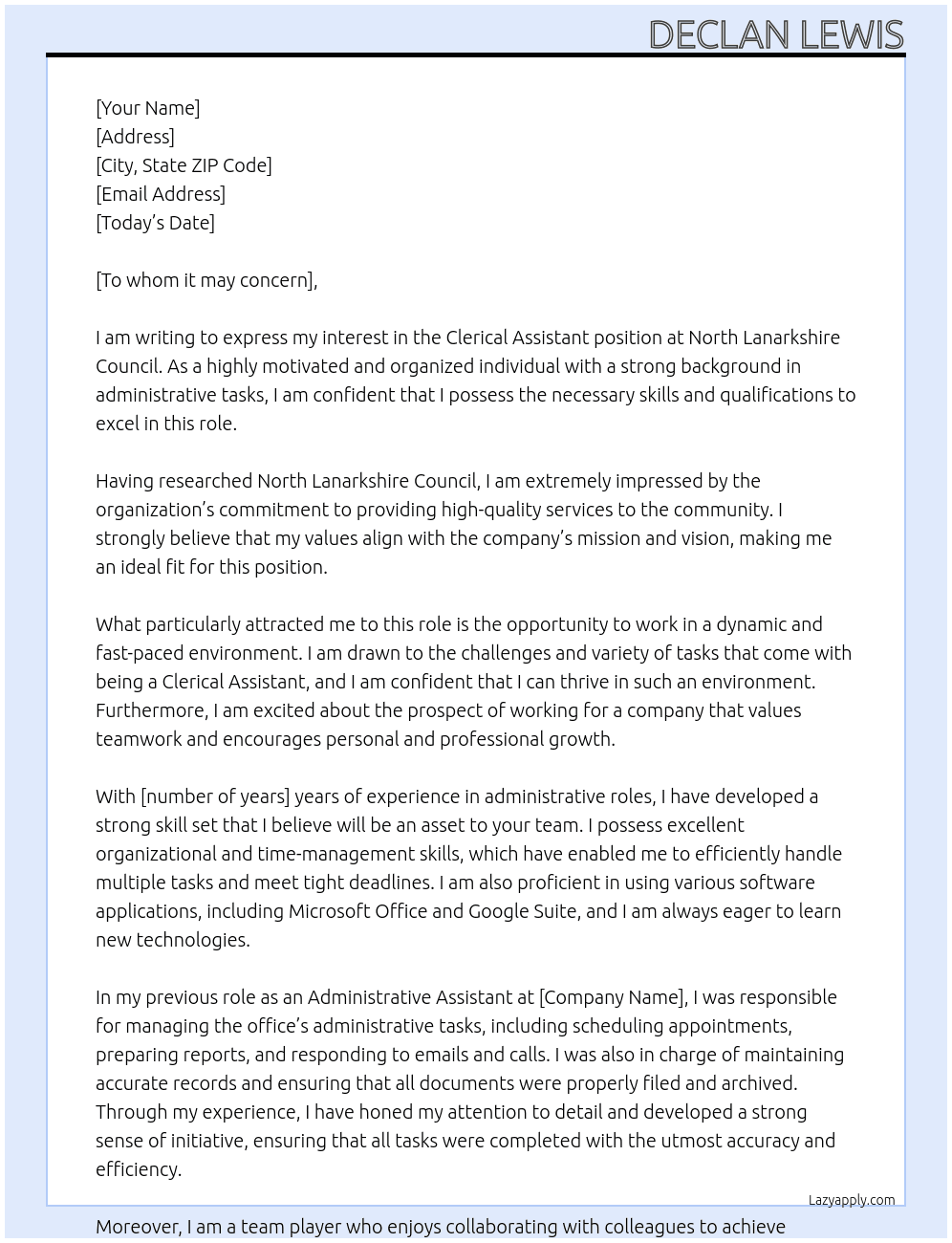 Clerical Assistant At North Lanarkshire Council Cover Letter