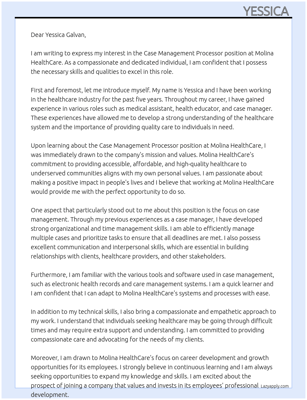 Case Managment Processor  At Molina HealthCare  Cover Letter