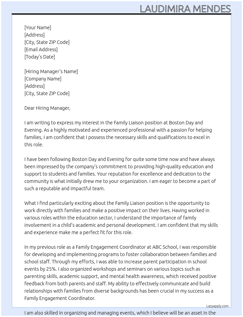 Family Liaison  At Boston Day and Evening  Cover Letter