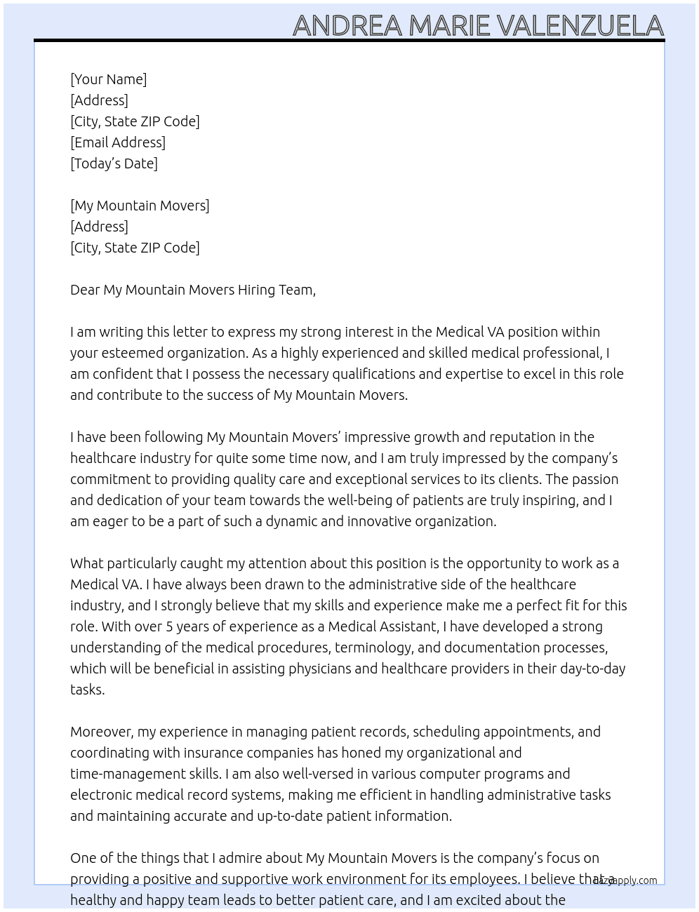 Medical VA At My Mountain Movers Cover Letter